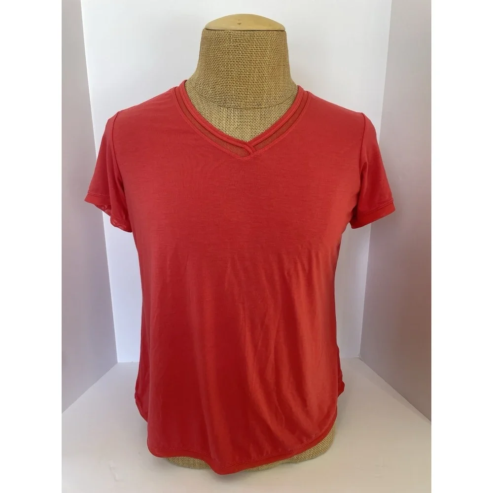 Tangerine Womens Athletic V-neck Top Large Coral Short Sleeve Activewear Yoga - Picture 1 of 13